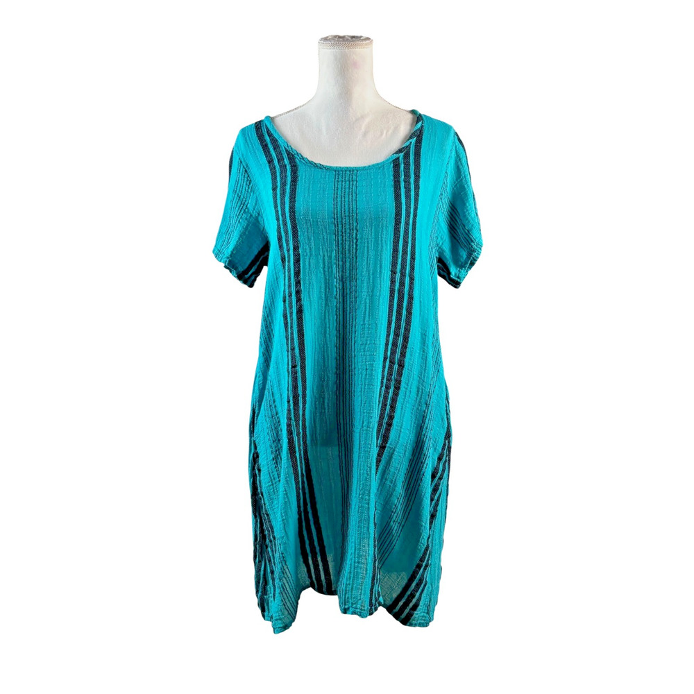 Shannon Pasero Tunic Shift Dress Size Medium Teal Blue Textured Stripe Pockets - Picture 3 of 9